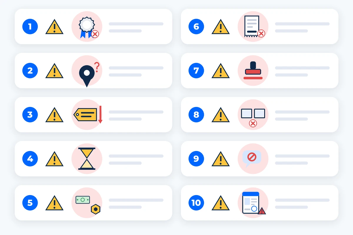 Ten numbered warning icons in two columns. AI-generated image.