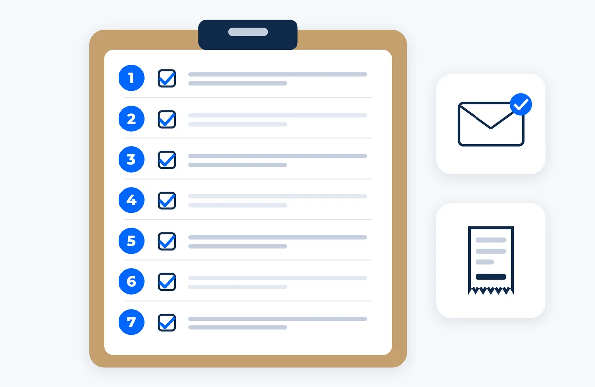 Clipboard checklist with seven numbered boxes, an envelope and a receipt. AI-generated image.