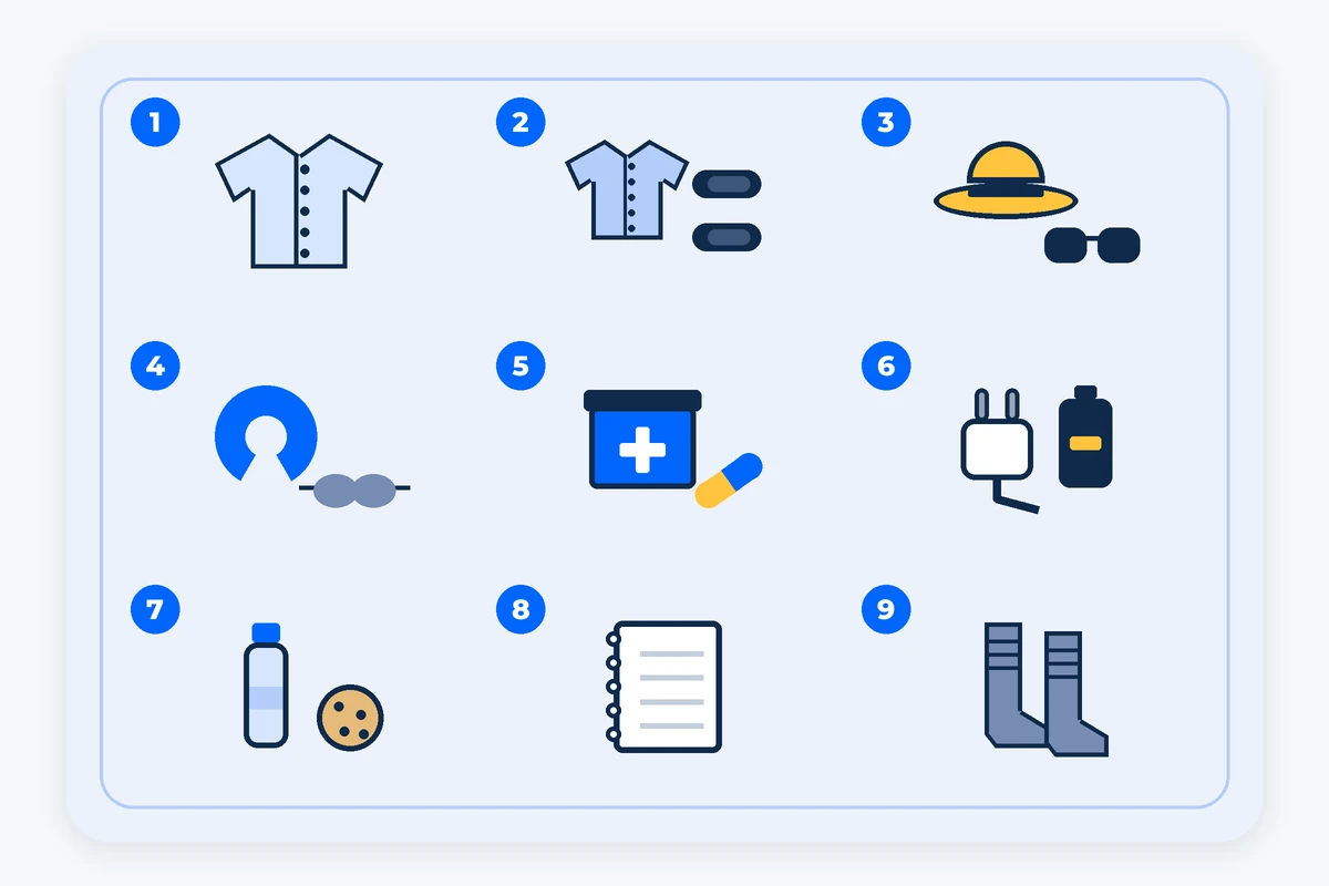 ของที่แพ็กแล้วมองจากด้านบน มีหมายเลข 9 จุด ภาพสร้างด้วย AI